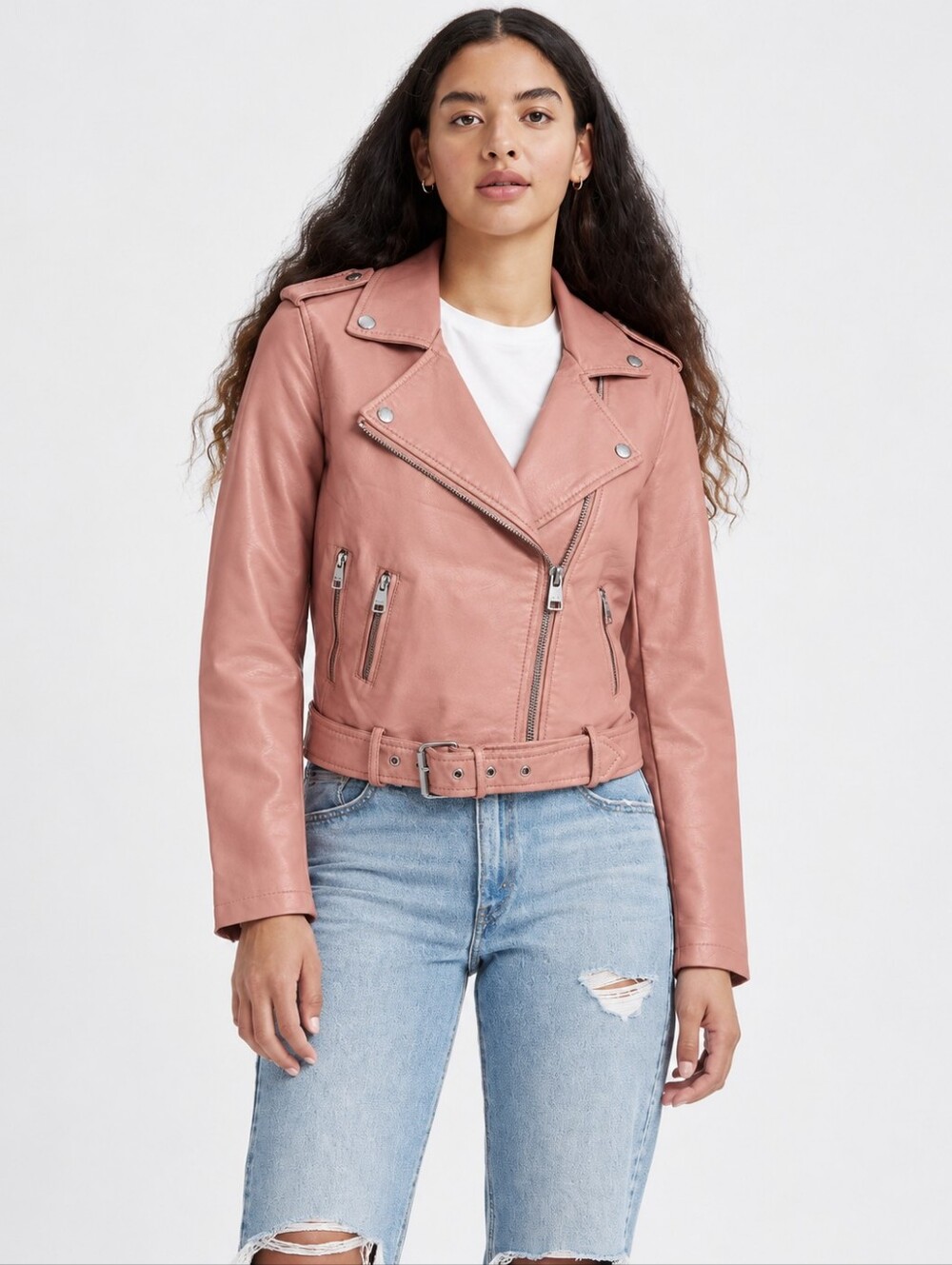 Levi’s Pink Faux Leather Belted Moto Jacket Size M NWT